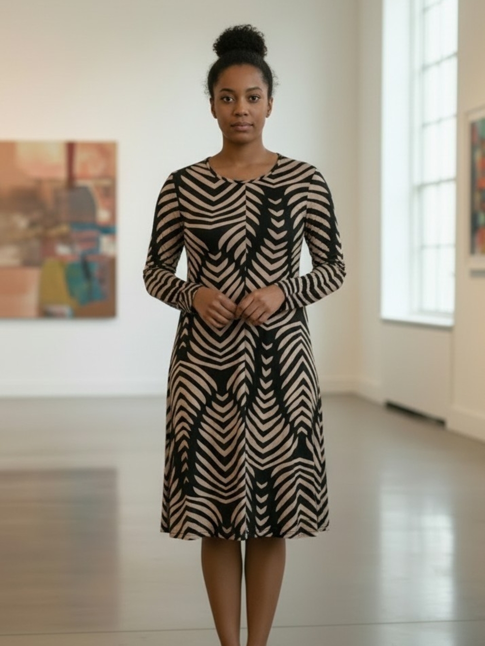 Black Beige Long Sleeve Patterned A-Line Dress Geometric Print Stretchy Casual - Picture 1 of 7